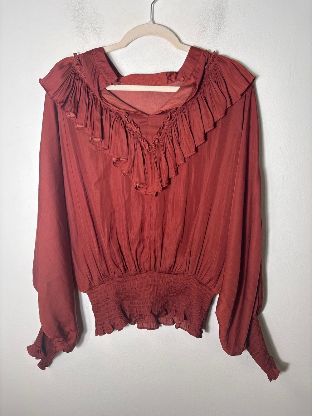 Glam Ox Blood Long Sleeve Ruffle Smocked Waist and Cuff Sz L